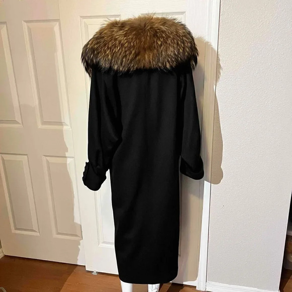 Vintage Gemini Black Full Length Wool Coat Finncoon Raccoon Fur Button Up Collar - Picture 3 of 10